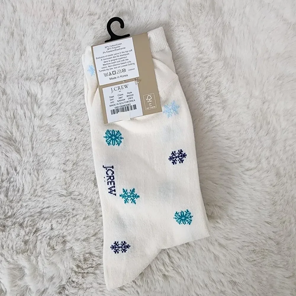 J. Crew Snowflake Trouser Socks White Blue Cotton Blend One Size NWT BN539